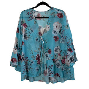 NWOT Women's Blue Flowered Flowy Cottagecore Boho Blouse Kimono Sheer Small